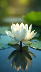 Serene White Lotus Blossom Unfurling on Calm Pond, Peaceful Tranquil Water Lily Reflecting Sunlight, Purity Enlightenment Zen