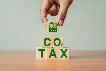 Hand places factory icon on co2 tax blocks symbolizing carbon emissions pricing environmental policy