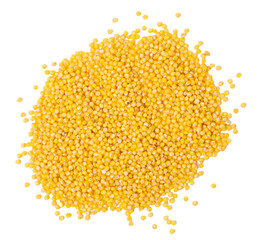 Isolated pile of millet groats on a white background, top view, copy space