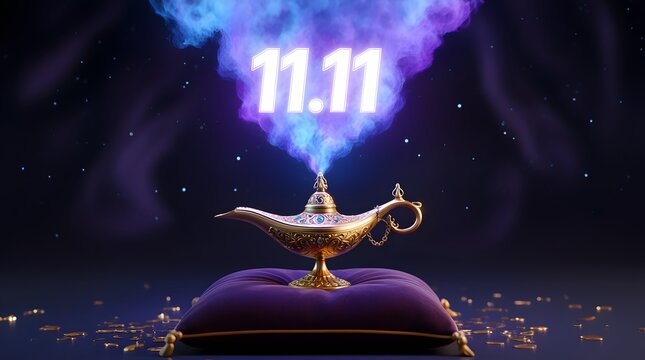 A magical genie lamp emitting colorful smoke with the number 1111 glowing within, representing a wish or opportunity during a special sales event