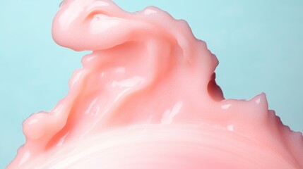 Fototapeta premium A pink blob of cream is on a blue background. The cream is in a swirl pattern and he is melting