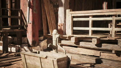 A vintage water pump is positioned beside wooden planks and structures. Sunlight enhances the rustic charm of the setting, highlighting the weathered textures and materials.