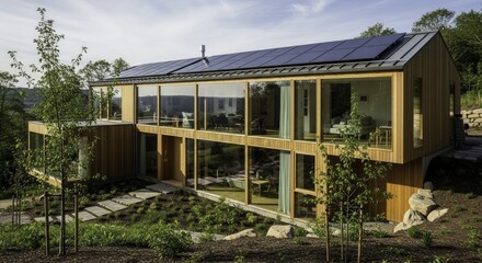 Modern Sustainable Wooden House with Solar Panels and Expansive Glass software, Integrated into a Lush Hillside Garden.