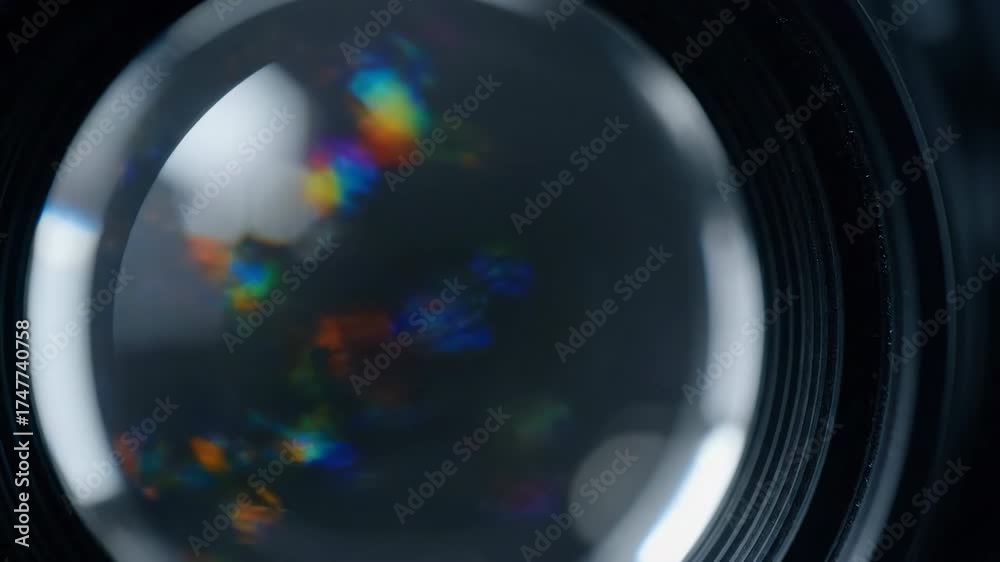 Wall mural abstract slow-motion shot of a rotating optical lens creating beautiful light refractions and intric