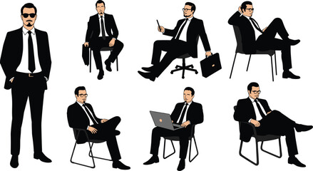 Businessman in multiple seated and standing poses, professional body language, office posture reference, cad drawing flat vector illustration for stock