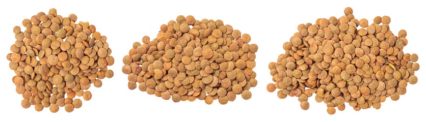 Isolated collection of piles of lentils on a white background. Top view, copy space