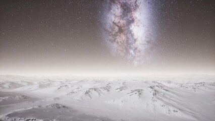 Cold, serene snow covered mountains stretch endlessly beneath a vibrant, starry sky. The Milky Way shines brightly, creating a stunning cosmic backdrop that captivates the imagination.