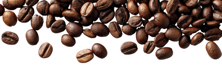 Roasted coffee beans scattered on transparent background
