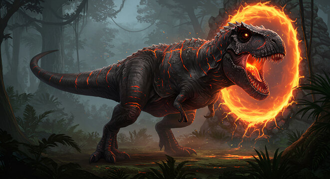 Futuristic T-Rex dinosaur charging through a glowing orange energy portal in a dark environment. - Powered by Adobe