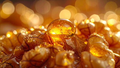 Honey droplet on walnut with golden shine in macro shot