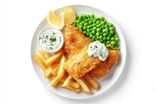 Plate of golden-fried fish and chips with peas and creamy sauce - Powered by Adobe