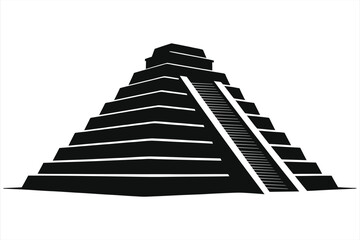 Black and white vector illustration of a Mayan pyramid with detailed stepped structure, ancient Mesoamerican architecture, iconic temple silhouette, cultural heritage symbol