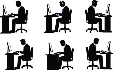 Office workers at desks with computers, headphones, colored ties, side view silhouettes, business workplace vector, cad drawing flat illustration