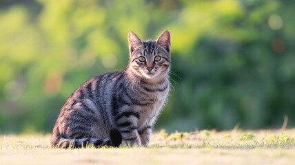 Naklejka premium Adorable tabby kitten sitting attentively in a sunlit meadow, perfect for pet product ads and heartwarming animal stories