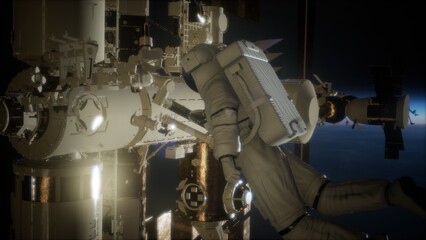 An astronaut performs essential maintenance on the exterior of a sprawling space station while drifting in the vastness of space, with Earth visible in the distance.