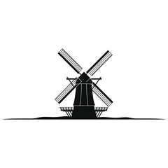 Fototapeta premium Traditional Windmill Silhouette Vector Illustration, Black and White Dutch Windmill Icon, Rural Landscape, Vintage Farm Building, Historic Architecture, Isolated Graphic for Logo, Poster, or Decoratio