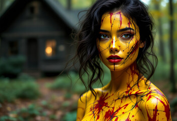 Woman with yellow and red body paint in forest, intense gaze, halloween horror portrait with eerie cabin and autumn leaves.