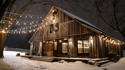 A rustic barn decorated with Christmas lights, snow gently falling, with space for text above. Merry Christmas and Happy Holidays greeting card, 