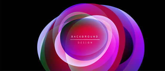 Abstract colorful layers create circular design. Vibrant pinks, purples, reds blend with white glow. Modern background element.