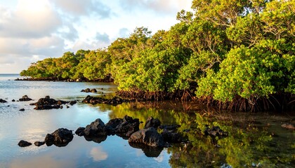 Serene coastal landscape with lush green foliage and water reflections