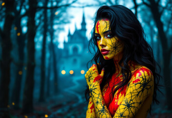 Woman with cracked golden body paint in misty forest. Halloween horror portrait with castle and glowing lights.