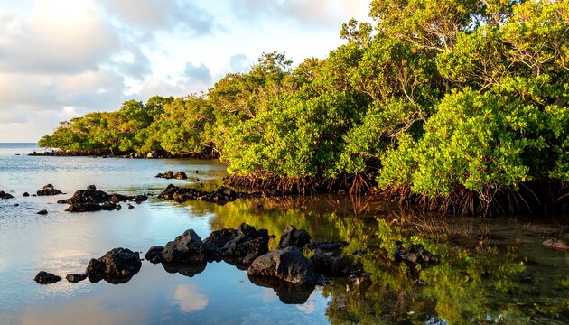Serene coastal landscape with lush green foliage and water reflections