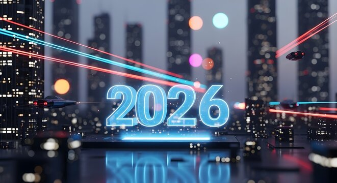 Futuristic 2026 Neon Cityscape with Flying Cars