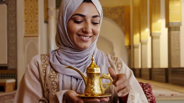 Woman hijab holding traditional gold coffee pot. Warm hospitality scene in ornate setting. Tradition and culture of tea and coffee. Gold pot reflects light. Woman smiles warmly. Tradition, woman, tea
