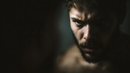 Dramatic close up portrait of a man with an intense determined expression conveying inner conflict and focus