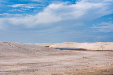 Dunes and lagoons of lagoa bonita, Lencois Maranhenses, Barreirinhas, Brazil. White sand dunes with pools of fresh water