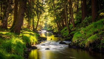 Serene forest scene with a flowing river and dappled sunlight