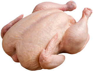 Whole raw chicken on rustic wooden surface, top-down view, natural lighting, editorial food styling