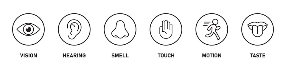 Human senses icon set. Vision eye, smell nose, hearing ear, touch hand, taste mouth with tongue. Simple line icons and black circle. Five senses of human nervous system. Vector illustration.