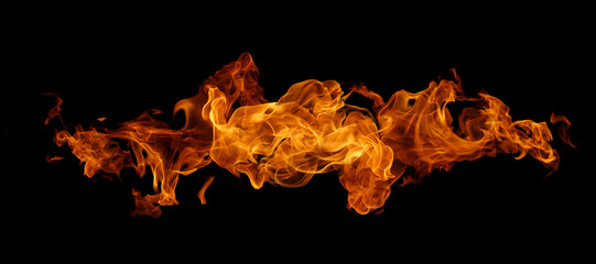 orange flame isolated on a black background, perfect for fire design, heat concept, explosion...