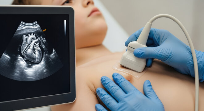 Close-up of pediatric cardiologist performing child heart ultrasound, doctor’s hand holding sensors analyzing heartbeat