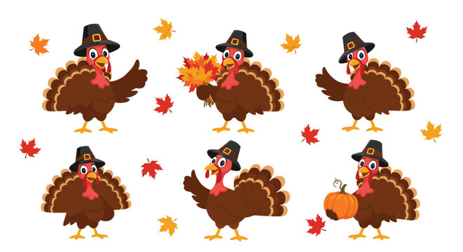 Animated turkeys dressed for Thanksgiving festivities surrounded by autumn leaves. - Powered by Adobe