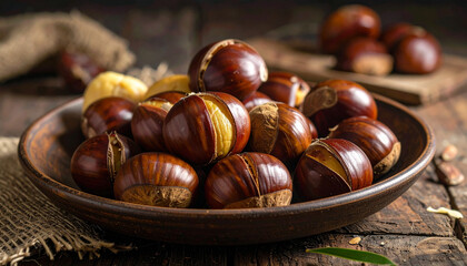 Obraz premium Fresh peeled water chestnuts on rustic plate, macro close-up detail