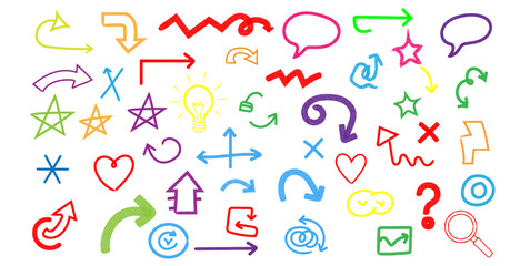 Colorful hand drawn collection of arrows stars hearts speech bubbles and abstract shapes on white background