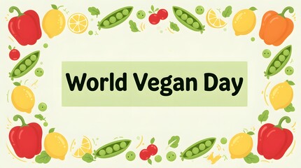 A festive and colorful border of fresh fruits and vegetables surrounding a central banner that reads world vegan day, celebrating plantbased diets and veganism