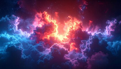 Fototapeta premium Bright blue and red fire in space creates an abstract galaxy texture against a dark sky background with star light and nebula smoke