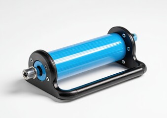 Blue cylindrical roller, mounted on a black frame.  Features a handle and a threaded connection