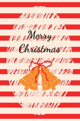 Christmas poster with bells and a bow in vintage style with a chalk texture. Vector template for banner, post, cover