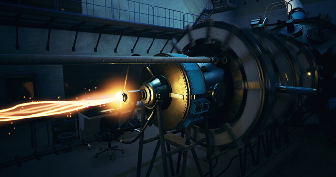 A high tech laboratory showcases an advanced propulsion system with glowing engines creating powerful energy beams. Scientists observe the setup while testing the machinery, highlighting innovation.