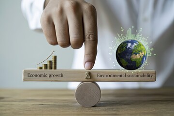 Balancing global economy with financial growth chart on a wooden scale