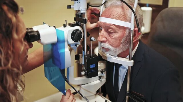 Female ophthalmologist examining a senior male patient's eyes with a slit lamp machine in her modern clinic, carefully checking his vision and diagnosing any potential eye diseases