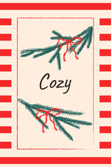 Christmas poster with Christmas tree branches in vintage style with chalk texture