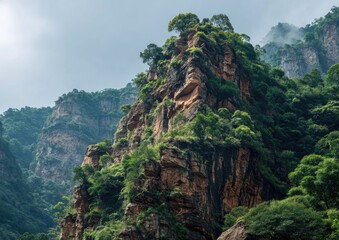 Steep, rocky mountain peak covered in lush vegetation. Misty mountain range in background