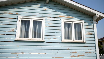 Weathered Blue Wooden Building with Symmetrical Windows