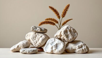 Neutral Still Life with Textured Rocks and Dried Botanical