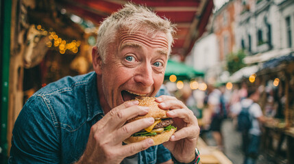 Man enjoying a delicious burger at an outdoor food market